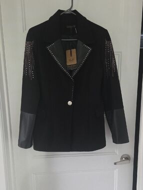 Black Studded Blazer with Fringe-Embellished Shoulders